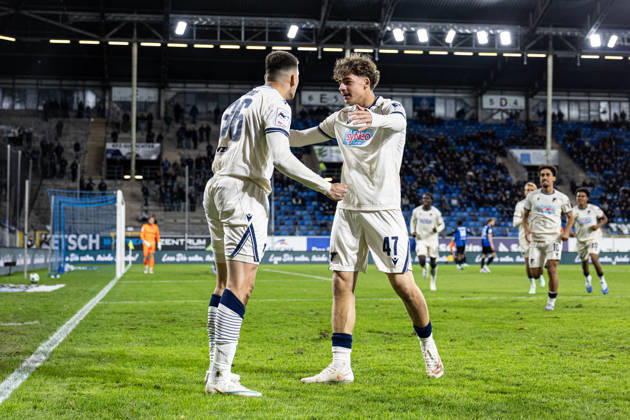 Germany: SV Waldhof Mannheim vs. TSG Hoffenheim II, 3. Liga, 2026–27 season, Carl Benz Stadium, Mannheim. Jakov Dedic of TSG Hoffenheim II, No. 36, celebrates after scoring a goal, Maximilian Theuer, TSG Hoffenheim II, 47, at the Carl Benz Stadium in Mannheim, Baden-Württemberg, Germany Copyright: xBenedictxChristx