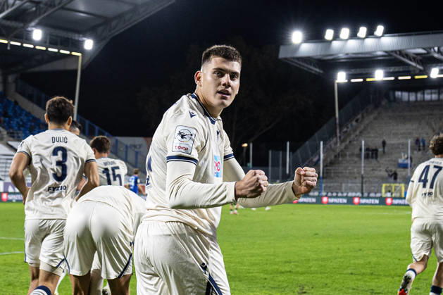 Germany: SV Waldhof Mannheim vs. TSG Hoffenheim II, 3. Liga, 2026–27 season, Carl Benz Stadium, Mannheim. Jakov Dedic of TSG Hoffenheim II, No. 36, celebrates after scoring a goal at the Carl Benz Stadium in Mannheim, Baden-Württemberg, Germany. Copyright: xBenedictxChristx