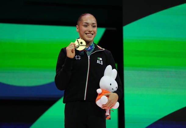 Kaylia Nemour of Algeria wins gold on the balance beam during the artistic gymnastics competition on Day 9 of the World Championships at Ahoy in Rotterdam, Netherlands, on October 25, 2026. DeFodi Images