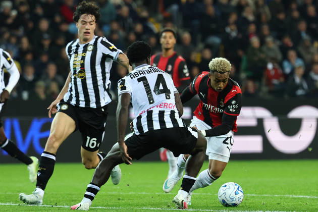 James Abankwah of Udinene Calcio and Omari Hutchinson of AC Milan compete for the ball during the Serie A 2026 2027 football match between Udinese Calcio and AC Milan at Friuli Bluenergy stadium in Udine (Italy), October 25th, 2026. CesarexPurini