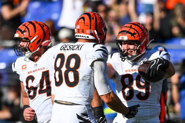 Cincinnati Bengals tight end Drew Sample (89) celebrates with tight end Mike Gesicki (88) and center Ted Karras (64) after a touchdown against the Baltimore Ravens during the fourth quarter at M&T Bank Stadium in Baltimore, Maryland, on Sunday, October 25, 2026. Cincinnati won 35-13.  BAL20261025110 DAVIDxTULIS