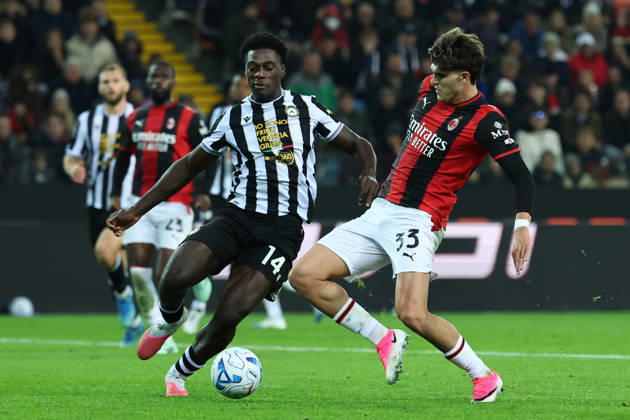 James Abankwah of Udinene Calcio and Davide Bartesaghi of AC Milan compete for the ball during the Serie A 2026 2027 football match between Udinese Calcio and AC Milan at Friuli Bluenergy stadium in Udine (Italy), October 25th, 2026. CesarexPurini