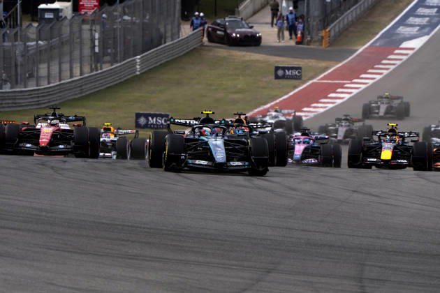 Italian Formula One driver Andrea Kimi Antonelli of Mercedes-AMG Petronas leads the pack into turn one on lap one of the Formula One United States Grand Prix at the Circuit of the Americas in Austin, Texas on Sunday, October 25, 2026.  AUS2026102524 GREGxNASH