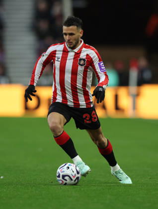 Sunderland, England, 25th October 2026. Enzo Le Fee of Sunderland during the Sunderland vs Leeds United Premier League match at the Stadium of Light, Sunderland. Picture credit should read: Nigel Roddis Sportimage EDITORIAL USE ONLY. No use with unauthorised audio, video, data, fixture lists, club league logos or live services. Online in-match use limited to 120 images, no video emulation. No use in betting, games or single club league player publications. SPI_101_NR_SUND_LEED SPI-5102-0101