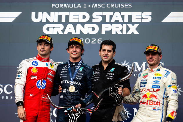 F1 - UNITED STATES GRAND PRIX 2026 KIMI ANTONELLI Andrea (ita), Mercedes AMG F1 Team W16, portrait LECLERC Charles (mco), Scuderia Ferrari SF-26, portrait VERSTAPPEN Max (nld), Red Bull Racing Ford RB22, portrait podium during the 2026 Formula 1 United States Grand Prix, 18th round of the 2026 Formula One World Championship, WM, Weltmeisterschaft from October 23 to 25, 2026 on the Circuit of the America, in Austin, Texas, United States of America - AustinUnited States  Copyright: xALBERTOxVIMERCATIx