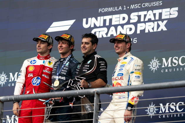 Monaco s Formula One driver Charles Leclerc of Scuderia Ferrari, Italian Formula One driver Andrea Kimi Antonelli of Mercedes-AMG Petronas and Dutch Formula One driver Max Verstappen of Red Bull Racing pose for a photo following the podium ceremony for the Formula One United States Grand Prix at the Circuit of the Americas in Austin, Texas on Sunday, October 25, 2026.  AUS2026102544 GREGxNASH