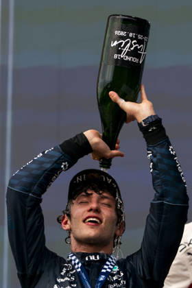 Italian Formula One driver Andrea Kimi Antonelli of Mercedes-AMG Petronas pours champagne on himself after winning the Formula One United States Grand Prix at the Circuit of the Americas in Austin, Texas on Sunday, October 25, 2026.  AUS2026102542 GREGxNASH