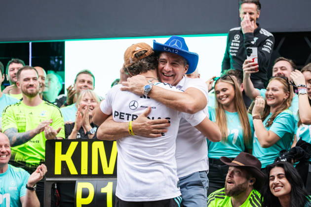 United States Grand Prix Podium - Austin Race winner Mercedes Italian driver Kimi Antonelli celebrates in the paddock with his father Marco Antonelli and his team at the conclusion of the United States Formula One Grand Prix at the Circuit of the Americas in Austin, Texas, on October 25, 2026. Photo by Alexis Jumeau ABACAPRESS.COM Austin Texas  Copyright: xJumeauxAlexis ABACAx