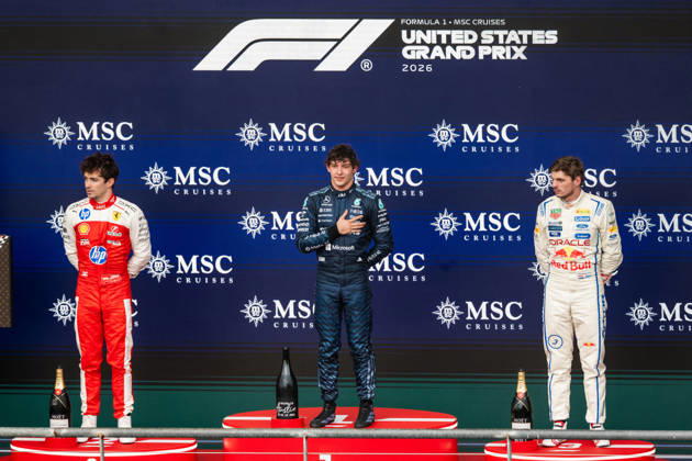 United States Grand Prix Podium - Austin Ferrari driver Charles Leclerc (16), Mercedes driver Andrea Kimi Antonelli (12) and Red Bull Racing driver Max Verstappen (3) on the podium at the conclusion of the United States Formula One Grand Prix at the Circuit of the Americas in Austin, Texas, on October 25, 2026. Photo by Alexis Jumeau ABACAPRESS.COM Austin Texas  Copyright: xJumeauxAlexis ABACAx
