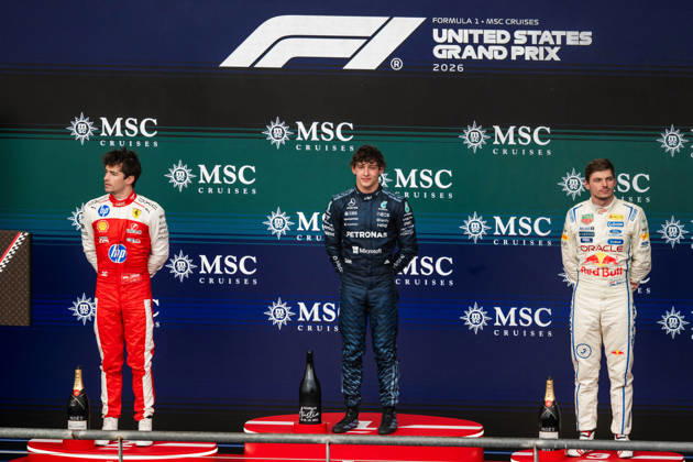 United States Grand Prix Podium - Austin Ferrari driver Charles Leclerc (16), Mercedes driver Andrea Kimi Antonelli (12) and Red Bull Racing driver Max Verstappen (3) on the podium at the conclusion of the United States Formula One Grand Prix at the Circuit of the Americas in Austin, Texas, on October 25, 2026. Photo by Alexis Jumeau ABACAPRESS.COM Austin Texas  Copyright: xJumeauxAlexis ABACAx