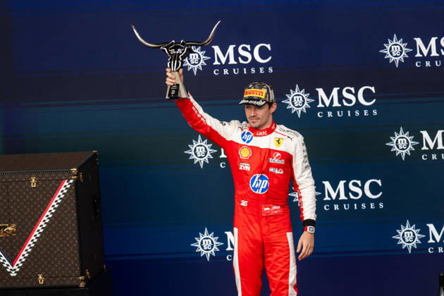 United States Grand Prix Podium - Austin Ferrari driver Charles Leclerc (16) on the podium at the conclusion of the United States Formula One Grand Prix at the Circuit of the Americas in Austin, Texas, on October 25, 2026. Photo by Alexis Jumeau ABACAPRESS.COM Austin Texas  Copyright: xJumeauxAlexis ABACAx