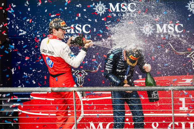 United States Grand Prix Podium - Austin Ferrari driver Charles Leclerc (16) and Mercedes driver Andrea Kimi Antonelli (12) on the podium at the conclusion of the United States Formula One Grand Prix at the Circuit of the Americas in Austin, Texas, on October 25, 2026. Photo by Alexis Jumeau ABACAPRESS.COM Austin Texas  Copyright: xJumeauxAlexis ABACAx