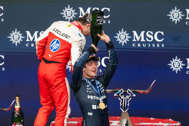 United States Grand Prix Podium - Austin Ferrari driver Charles Leclerc (16) and Mercedes driver Andrea Kimi Antonelli (12) on the podium at the conclusion of the United States Formula One Grand Prix at the Circuit of the Americas in Austin, Texas, on October 25, 2026. Photo by Alexis Jumeau ABACAPRESS.COM Austin Texas  Copyright: xJumeauxAlexis ABACAx