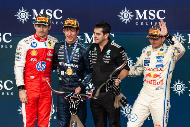 United States Grand Prix Podium - Austin Ferrari driver Charles Leclerc (16), Mercedes driver Andrea Kimi Antonelli (12), Mercedes Chief of Aerodynamic Technology Pierluigi Orsi and Red Bull Racing driver Max Verstappen (3) on the podium at the conclusion of the United States Formula One Grand Prix at the Circuit of the Americas in Austin, Texas, on October 25, 2026. Photo by Alexis Jumeau ABACAPRESS.COM Austin Texas  Copyright: xJumeauxAlexis ABACAx