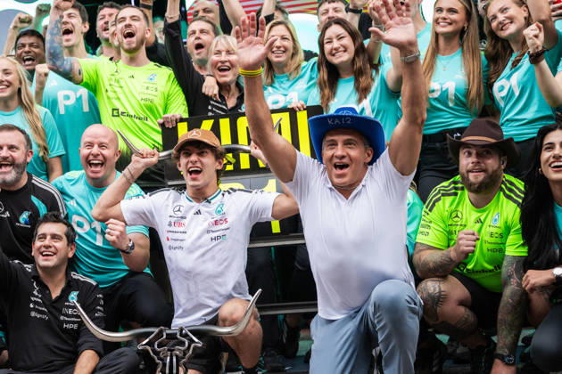 United States Grand Prix Podium - Austin Race winner Mercedes Italian driver Kimi Antonelli celebrates in the paddock with his father Marco Antonelli and his team at the conclusion of the United States Formula One Grand Prix at the Circuit of the Americas in Austin, Texas, on October 25, 2026. Photo by Alexis Jumeau ABACAPRESS.COM Austin Texas  Copyright: xJumeauxAlexis ABACAx