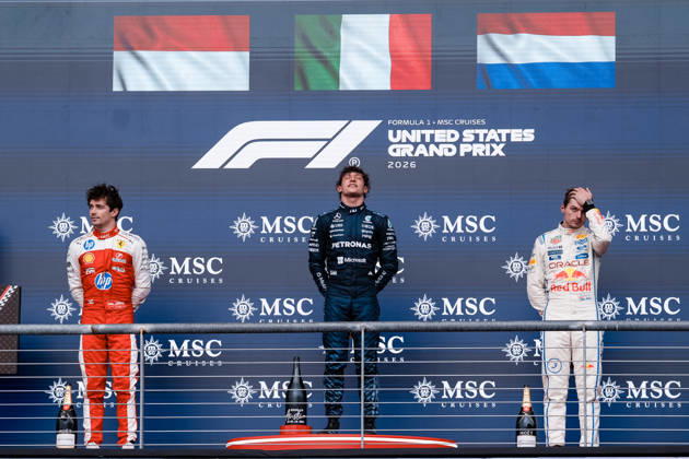 AUSTIN, UNITED STATES, OCT 25: Race winner Andrea Kimi Antonelli of Italy and Mercedes AMG Petronas F1 Team Second placed Charles Leclerc of Monaco and Scuderia Ferrari and Third placed Max Verstappen of the Netherlands and Oracle Red Bull Racing on the podium during the F1 Grand Prix of United States at Circuit of The Americas on October 25, 2026 in Austin, Texas (photo by Richard Callis SPP) Copyright: xRichardxCallis SportsxPressxPhotox Sportspressphoto_SPR268455