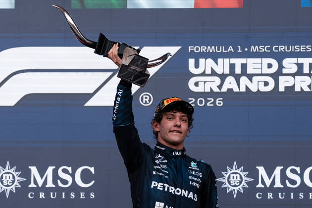 AUSTIN, UNITED STATES, OCT 25: Race winner Andrea Kimi Antonelli of Italy and Mercedes AMG Petronas F1 Team celebrates on the podium during the F1 Grand Prix of United States at Circuit of The Americas on October 25, 2026 in Austin, Texas (photo by Richard Callis SPP) Copyright: xRichardxCallis SportsxPressxPhotox Sportspressphoto_SPR268458