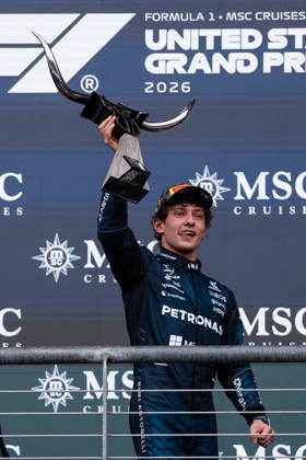 AUSTIN, UNITED STATES, OCT 25: Race winner Andrea Kimi Antonelli of Italy and Mercedes AMG Petronas F1 Team celebrates on the podium during the F1 Grand Prix of United States at Circuit of The Americas on October 25, 2026 in Austin, Texas (photo by Richard Callis SPP) Copyright: xRichardxCallis SportsxPressxPhotox Sportspressphoto_SPR268459