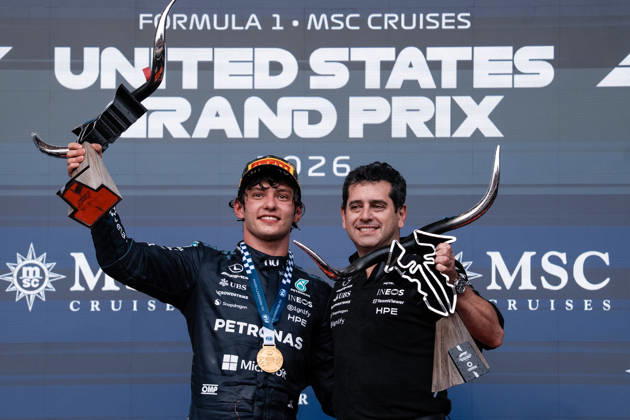 AUSTIN, UNITED STATES, OCT 25: Race winner Andrea Kimi Antonelli (12) of Italy and Mercedes-AMG PETRONAS Formula One Team (L) and Mercedes Chief of Aerodynamic Technology Pierluigi Orsi (R) celebrate on the podium after during the F1 Grand Prix of United States at Circuit of The Americas on October 25, 2026 in Austin, Texas (photo by Richard Callis SPP) Copyright: xRichardxCallis SportsxPressxPhotox Sportspressphoto_SPR268474