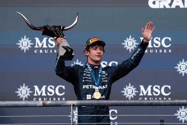 AUSTIN, UNITED STATES, OCT 25: Race winner Andrea Kimi Antonelli of Italy and Mercedes AMG Petronas F1 Team celebrates on the podium during the F1 Grand Prix of United States at Circuit of The Americas on October 25, 2026 in Austin, Texas (photo by Richard Callis SPP) Copyright: xRichardxCallis SportsxPressxPhotox Sportspressphoto_SPR268476