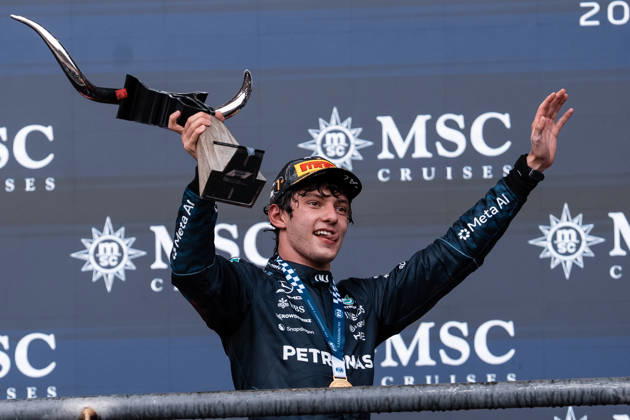 AUSTIN, UNITED STATES, OCT 25: Race winner Andrea Kimi Antonelli of Italy and Mercedes AMG Petronas F1 Team celebrates on the podium during the F1 Grand Prix of United States at Circuit of The Americas on October 25, 2026 in Austin, Texas (photo by Richard Callis SPP) Copyright: xRichardxCallis SportsxPressxPhotox Sportspressphoto_SPR268477