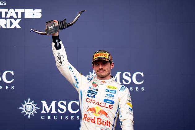 October 25, 2026, Austin, United States: Max Verstappen (NLD) (Oracle Red Bull Racing) on the podium after the race of the Formula 1 United States Grand Prix 2026 at the Circuit of the Americas. Austin United States - ZUMAs197 20261025_aaa_s197_386 Copyright: xLucaxMartinix