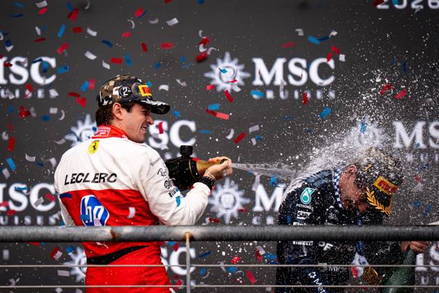 October 25, 2026, Austin, United States: Charles Leclerc (MCO) (Scuderia Ferrari HP) and Andrea Kimi Antonelli (ITA) (Mercedes-AMG Petronas F1 Team) on the podium after the race of the Formula 1 United States Grand Prix 2026 at the Circuit of the Americas. Austin United States - ZUMAs197 20261025_aaa_s197_390 Copyright: xLucaxMartinix