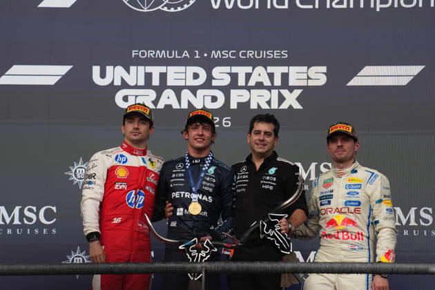 Formula 1 MSC Cruises United States Grand Prix 2026 Winner Italian driver Andrea Kimi Antonelli (M) Mercedes-AMG Petronas Formula One Team, ssecond place for Monegasque driver Charles Leclerc (L) of Scuderia Ferrari HP, third place for Dutch driver Max Verstappen of Oracle Red Bull Racing on the podium after the formula 1 msc cruises united states grand prix 2026 at the Circuit of the Americas in Austtin, united states October 25 2026. Austin United States  Copyright: xMatrixxImagesx xHasanxBraticx