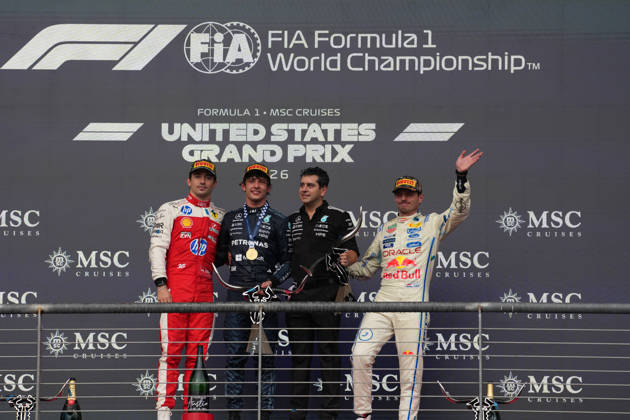 Formula 1 MSC Cruises United States Grand Prix 2026 Winner Italian driver Andrea Kimi Antonelli (M) Mercedes-AMG Petronas Formula One Team, ssecond place for Monegasque driver Charles Leclerc (L) of Scuderia Ferrari HP, third place for Dutch driver Max Verstappen of Oracle Red Bull Racing on the podium after the formula 1 msc cruises united states grand prix 2026 at the Circuit of the Americas in Austtin, united states October 25 2026. Austin United States  Copyright: xMatrixxImagesx xHasanxBraticx