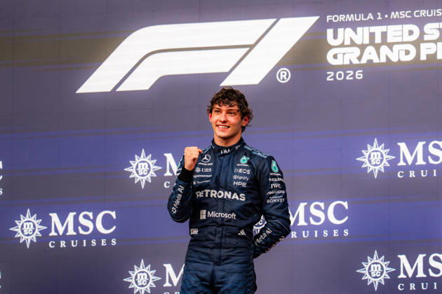 United States Grand Prix Podium - Austin ANDREA KIMI ANTONELLI 12 (ITA) of Mercedes-AMG PETRONAS Formula One Team (Mercedes-AMG F1 W17) celebrating his win on the podium on Sunday during the Formula 1 United States Grand Prix 2026 at Circuit of The Americas in Austin, Texas, United States, on October 25, 2026. Photo by Antoine LAPEYRE Reveries Agency ABACAPRESS.COM Austin United States  Copyright: xAntoinexLapeyre ReveriesxAgency ABACAx