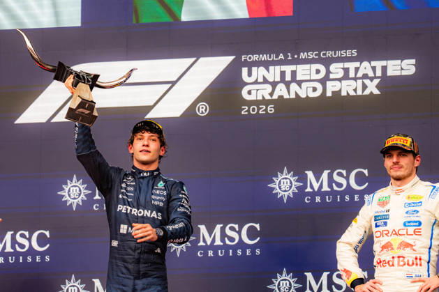United States Grand Prix Podium - Austin ANDREA KIMI ANTONELLI 12 (ITA) of Mercedes-AMG PETRONAS Formula One Team (Mercedes-AMG F1 W17) celebrating his win on the podium on Sunday during the Formula 1 United States Grand Prix 2026 at Circuit of The Americas in Austin, Texas, United States, on October 25, 2026. Photo by Antoine LAPEYRE Reveries Agency ABACAPRESS.COM Austin United States  Copyright: xAntoinexLapeyre ReveriesxAgency ABACAx