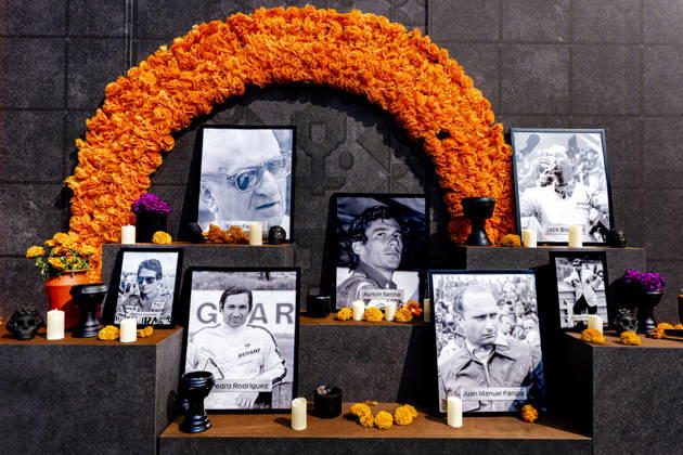 MEXICO CITY: A memorial site dedicated to, among others, Ayrton Senna and Juan Manuel Fangio during the Formula 1 Mexican Grand Prix at the Autódromo Hermanos Rodríguez on October 28, 2026, in Mexico City, Mexico. Photo by DeFodi Images