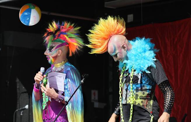 October 8, 2016 - Oceanside, California, USA - 10 8 2016 Oceanside, CA_ GLAM GLITZ, at left, and EARTH INTRUDER, at right, perform as MC s of the annual North County Pride at the Beach festival in Oceanside, California. The event was sponsored by the North County LGBTQ Resource Center. Photo by Oceanside USA - ZUMAn47_