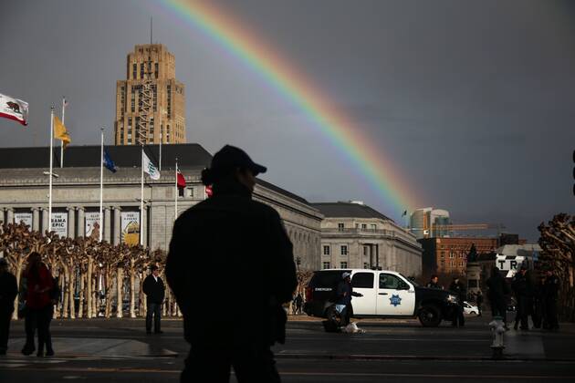 January 20, 2017 - San Francisco, California, U.S - San Francisco police officers gather outside City Hall as they expect thousands to attend a protest against United States President Donald Trump in San Francisco, California. San Francisco U.S. - ZUMAj106 20170120_zap_j106_001