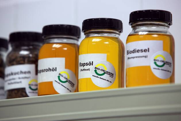 20.05.2010, Magdeburg, Sachsen-Anhalt, Deutschland - Glaeser mit Rapsoel (Raffinat) und Biodiesel (Warmpressung). 00S100520D819.JPG MODEL RELEASE: NOT APPLICABLE, PROPERTY RELEASE: NO MR:Y