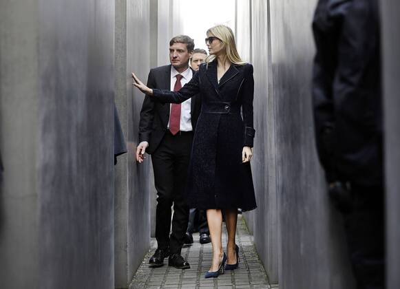 April 25, 2017 - Berlin, GERMANY - Ivanka Trump, daughter and adviser of U.S. President Donald Trump, touches a stllee when visiting the Memorial to the Murdered Jews of Europe after she participated in the W20 Summit in Berlin Tuesday, April 25, 2017. Berlin GERMANY - ZUMAp124 20170425_zaa_p124_015 Copyright: xMichaelxSohn Poolx