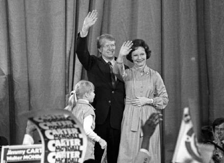 November 3, 1976 - Atlanta, Georgia, Georgia - United States President-elect Jimmy Carter, and his wife, Rosalynn, wave to the crowd at an election night rally as he arrives to claim victory over US President Gerald R. Ford in Atlanta, Georgia on November 3, 1976. .Credit: CNP Atlanta Georgia - ZUMAs152 19761103_zaa_s152_001 Copyright: xBenjaminxE.x Gene xFortex