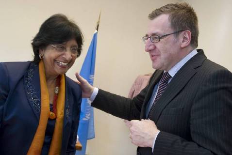 - GENEVA, SWITZERLAND: Navanethem Pillay, United Nations High Commissioner for Human Rights, and Belgian Foreign Minister Steven Vanackere pictured during their meeting at the 13th session of the UN Human Rights Council at the European headquarters of the United Nations in Geneva, Switzerland, Monday 01 March 2010. BENOITxDOPPAGNE  x19065919x