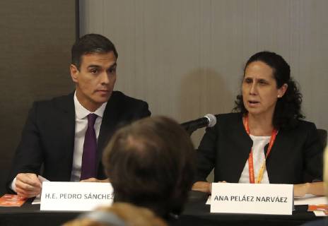Spanish Prime Minister Pedro Sanchez and international disabilities expert Ana Pelaez (R) speak at the act Violence against women and youngsters with disabilities during the United Nations General Assembly, in New York, United States, 24 September 2018. Violence against women and youngsters with disabilities act in New York !ACHTUNG: NUR REDAKTIONELLE NUTZUNG!  Copyright: xBallesterosx NYC05 20180924-636734276998511809