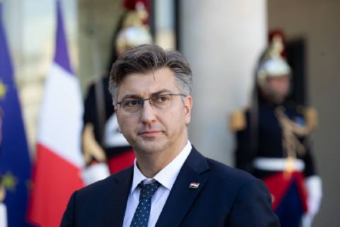 Prime Minister of Croatia Andrej Plenkovic stands during a statement with French President at the Elysee Palace in Paris on October 16, 2018. Copyright: xChristophexMorinx