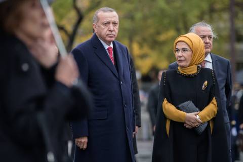 Turkish President Recep Tayyip Erdogan and his wife leave the ceremony at the Arc de Triomphe in Paris on November 11, 2018 as part of commemorations marking the 100th anniversary of the 11 November 1918 armistice, ending World War I.  Copyright: xAurelienxMorissardx