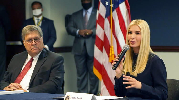 Ivanka Trump speaks during a panel discussion with federal officials and stake holders regarding combatting human trafficking as Attorney General William Barr (L) listens in Atlanta on Monday, September 21, 2020.  ATL20200921117 TAMIxCHAPPELL