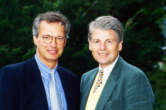 Klaus Peter Sieglich, Klaus Bresser Klaus Peter Sieglich and Klaus Bresser, German presenters at ZDF in Mainz, Germany around 1988 , Mainz Rheinland Pfalz Germany Copyright: FrankxHempel Nur redaktionelle Nutzung. Editorial usage only. UnitedArchivesTT_590078 EDITORIAL USE ONLY !ACHTUNG AUFNAHMEDATUM GESCHÄTZT!