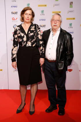 Wolf Biermann with his wife on the Red Carpet at the VDZ Publishers Night 2017 and the presentation of the Golden Victoria at Deutsche Telekoms capital representative office in Berlin Copyright: xEventpressxGolejewskix