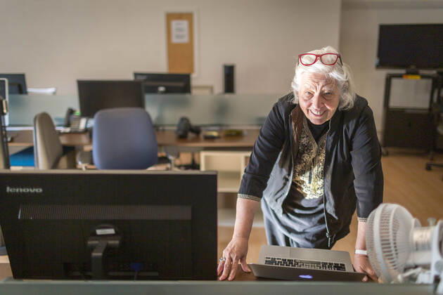 December 1, 2017, San Francisco, California, USA: Sandy Close, at the New American Media office, now closed, Friday Dec. 1, 2017 in San Francisco, CA. ..â€oeFor more than 45 years, Sandy Close brought the unlikeliest of voices into journalism, mentoring and publishing refugees from Vietnam and Afghanistan, incarcerated youth offenders, and young men who hustled drugs on the streets but knew their communities intimately. Now after more than 45 years, Pacific News Service and New American Media, the organizations she ran, are closing up shop, ending a media institution whose influence will continue to be felt through the scores of talented alumni working in journalism today. San Francisco USA - ZUMAk74_ 20171201_znp_k74_008 Copyright: xEricxKaynex