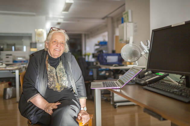 December 1, 2017, San Francisco, California, USA: Sandy Close, at the New American Media office, now closed, Friday Dec. 1, 2017 in San Francisco, CA. ..â€oeFor more than 45 years, Sandy Close brought the unlikeliest of voices into journalism, mentoring and publishing refugees from Vietnam and Afghanistan, incarcerated youth offenders, and young men who hustled drugs on the streets but knew their communities intimately. Now after more than 45 years, Pacific News Service and New American Media, the organizations she ran, are closing up shop, ending a media institution whose influence will continue to be felt through the scores of talented alumni working in journalism today. San Francisco USA - ZUMAk74_ 20171201_znp_k74_009 Copyright: xEricxKaynex