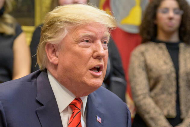 President Donald Trump gives remarks after speaking with NASA astronauts Christina Koch and Jessica Meir during the first all-woman spacewalk on Friday, Oct. 18, 2019, from the Roosevelt Room of the White House in Washington. The first all-woman spacewalk in history began at 7:38am EDT with Koch and Meir venturing outside the International Space Station to replace a failed battery charge-discharge unit. This is the fourth spacewalk for Koch and Meir™s first. Copyright: xpiemagsx piemagsspace-156967 !ACHTUNG AUFNAHMEDATUM GESCHÄTZT!