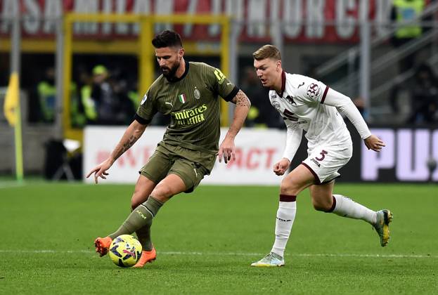 Photo IPP Paolo Bona Milan 10 02 2023 Serie A Football Championship season 2022 2023 Milan Turin In the photo Olivier Giroud and Perr Schuurs Italy Photo Press Worldwide Copyright 0
