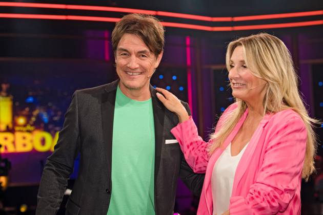 MDR Riverboat host Matze Knop and host Kim Fisher on the occasion of the recording of the MDR talk show Riverboat on 08 09 2023 in the Mediacity Leipzig 20230908ADO0048