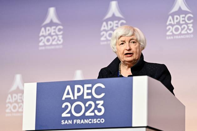 November 13, 2023, San Francisco, California , USA: U.S. Secretary of the Treasury JANET YELLIN at the Finance Ministers Press Conference at the Asia-Pacific Economic Cooperation Economic Leaders Week (AELW) at the George R. Moscone Convention Center. San Francisco USA - ZUMA 20231113_new_z03_026 Copyright: xMikexLawrence U.S.xDepartmentxofx